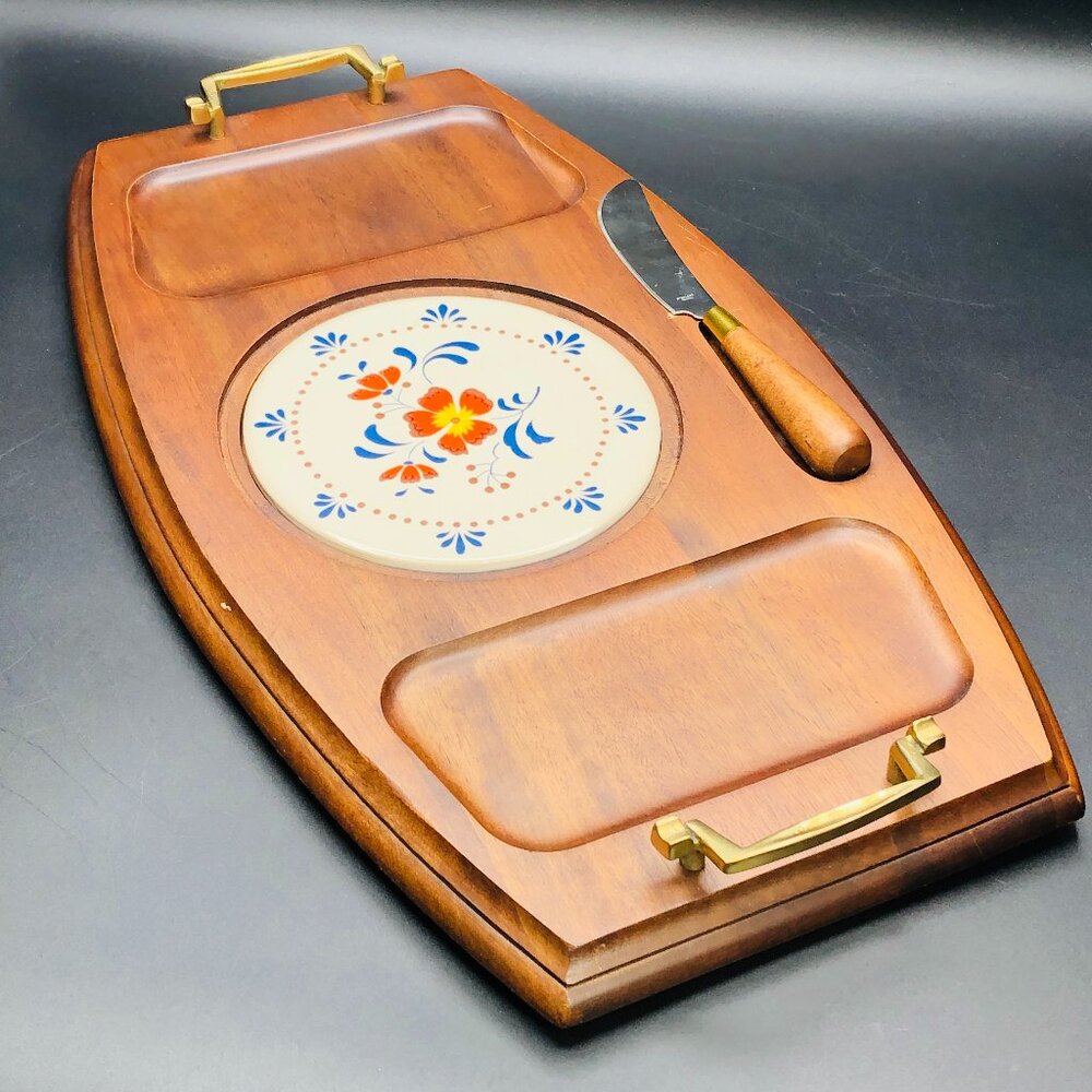 70s Country Florals Oversized Wood Ceramic Tile Cheese Charcuterie Board Tray - Picture 1 of 12